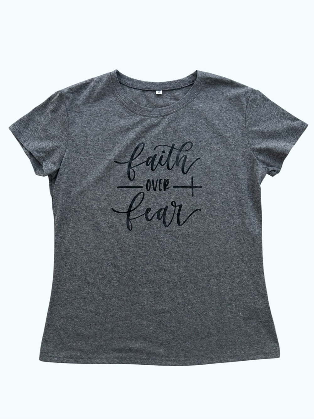 Faith OVER Fear Christian Cross Dark Gray Short Sleeve Graphic Tee Women’s XL
